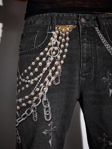 ROMWE MEN 男士休闲水洗十字架字母链印花牛仔裤 - 黑色 - 查看 2