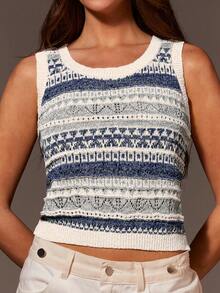 Athîral Women's Casual Off-Shoulder Striped Knit Tank Top, Blue & Apricot, Spring/Summer - Multicolor - View 4