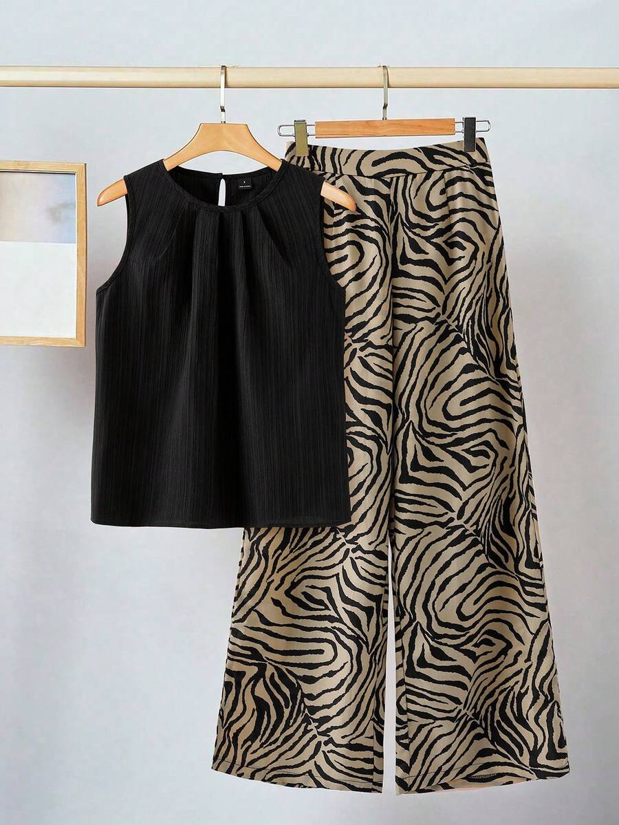 SHEIN Clasi 优雅女士纯色纹理褶皱上衣和花朵阔腿裤套装 - 彩色 - 查看 1