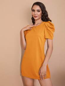 SHEIN Clasi 女士纯色圆领休闲日常约会派对迷你连衣裙 - 黃色 - 查看 4
