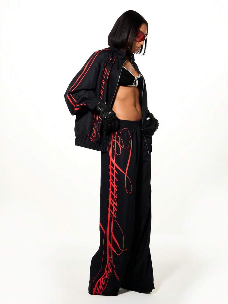 SUMWON WOMEN Wide Leg Track Pants With Red Graphics