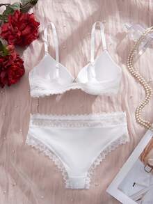 Crystal Vow 2pcs Lace Patchwork Minimalist Front Closure Women's Lingerie Set, Bridal Bra Set, White - White - View 9