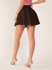 SHEIN BASICS 女士纯色休闲百搭迷你裙 - 咖啡棕 - 查看 4