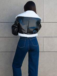 Hitanina 秋冬泰迪内衬短款PU皮夹克 - 黑色 - 查看 2