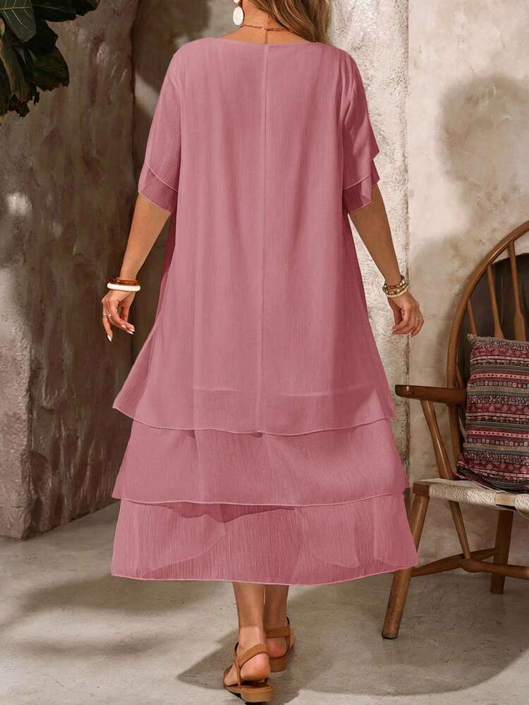 Plus Size Casual Dress, Round Neck, Unbutton, Asymmetrical Flowing Hem, Bohemian Style, Suitable For Spring And Summer,Vacation