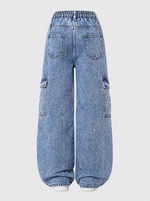Jeans de pierna ancha con lavado desgastado y bordado de copos de nieve para niñas preadolescentes - Azul lavado medio - Ver 2