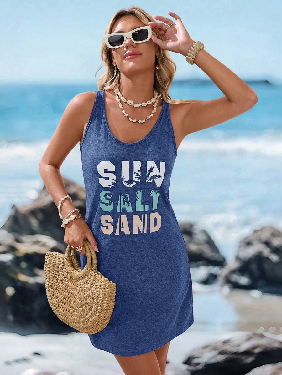 Sylviya Summer Beach Letter Graphic Tank Dress - Blue - View 1