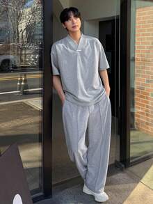 DAZY 男士灰色短袖T恤和长裤套装，春夏款 - 灰色 - 查看 3