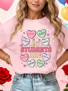 EMERY ROSE Camiseta gráfica de manga corta con cuello redondo y estampado de corazón y letras para mujer de talla grande, casual vintage para uso diario, primavera y otoño - Rosa - Ver 1