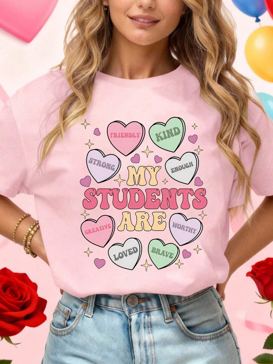 EMERY ROSE Camiseta gráfica de manga corta con cuello redondo y estampado de corazón y letras para mujer de talla grande, casual vintage para uso diario, primavera y otoño - Rosa - Ver 1