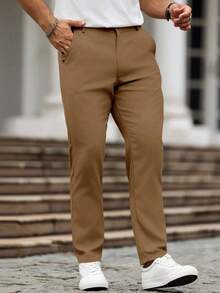Manfinity Homme Pantalones de vestir casuales de unicolor con bolsillo para hombres - Café integral - Ver 7