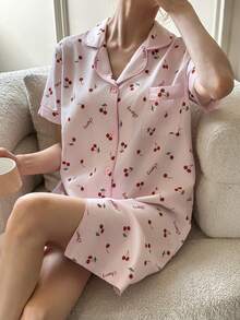 Dream Adore 粉色樱花印花翻领女士睡裙 - 淺粉色 - 查看 6