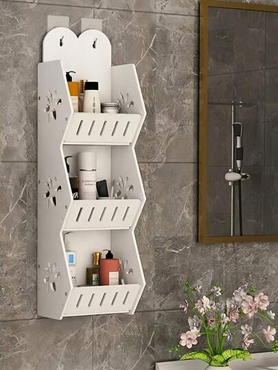 1 pieza Estantería de baño montada en la pared con ganchos, hecha de material plástico blanco. Una estantería de almacenamiento multifuncional montada en la pared del baño, resistente a la humedad, de gran capacidad para artículos de tocador, organizador de baño de varios niveles y sin perforaciones. Adecuado para almacenar artículos de tocador, cosméticos y cepillos de dientes.