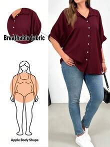SHEIN Essnce 大码女装春夏时尚休闲宽松舒适日常百搭修身轻薄黑色纽扣衬衫，女士衬衫，工作上衣，教师衬衫，简约风格 - 酒紅色 - 查看 1