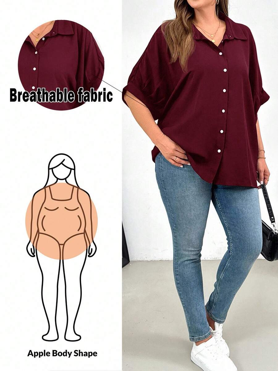SHEIN Essnce 大码女装春夏时尚休闲宽松舒适日常百搭修身轻薄黑色纽扣衬衫，女士衬衫，工作上衣，教师衬衫，简约风格 - 酒紅色 - 查看 1