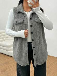 SHEIN EZwear 大码女式无袖休闲保暖抓绒外套，灰色 - 灰色 - 查看 1