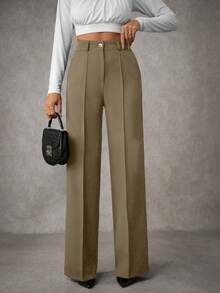 EURMUSE 女士纯色褶裥缝线细节西装裤 - 橄欖綠 - 查看 4
