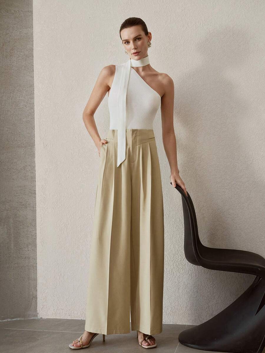 MOTF PREMIUM SOLID ASYMMETRICAL HALTER NECK SLIM FIT RIBBED KNIT TOP - White - View 1