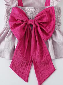 2pcs/Set Tween Girls Cute Vibrant Colorblock Spaghetti Strap Bow Ruffle Decor Short Sleeve Top And Straight Leg Pants Set, Casual Everyday & Outdoor Wear, Suitable For Spring/Summer - Pink - View 7