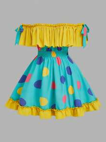 Sweetra Vestido de talla grande con volantes en el bajo y hombros descubiertos con estampado de lunares de colores - Azul - Ver 3