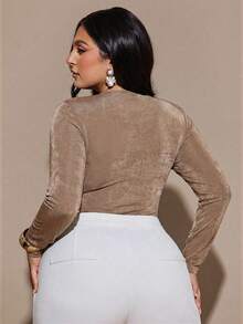 SHEIN BAE Plus Size Women's Black Long Sleeve Crossover Neck Ruched Bodysuit - Brown - View 2