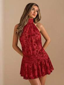SHEIN BAE 女款深紅色植絨印花掛脖露背優雅迷你洋裝，適合秋季派對、音樂節、約會、生日、夜店、萬聖節、聖誕節 - 紅色 - 查看 3