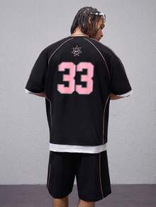 Manfinity NXTstreet Men's Loose Fit Numeric Print Round Neck Short Sleeve T-Shirt Set, Suitable For Summer - Black - View 1