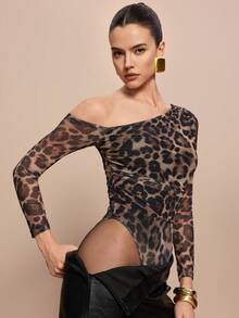 Olia Maree Olia Maree 女士时尚豹纹网纱透视露肩长袖连体衣 - 棕色 - 查看 3