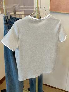 Resyla Women's Casual Heart Print Ribbed Hem Round Neck Short Sleeve T-Shirt, Summer - Grey - View 2