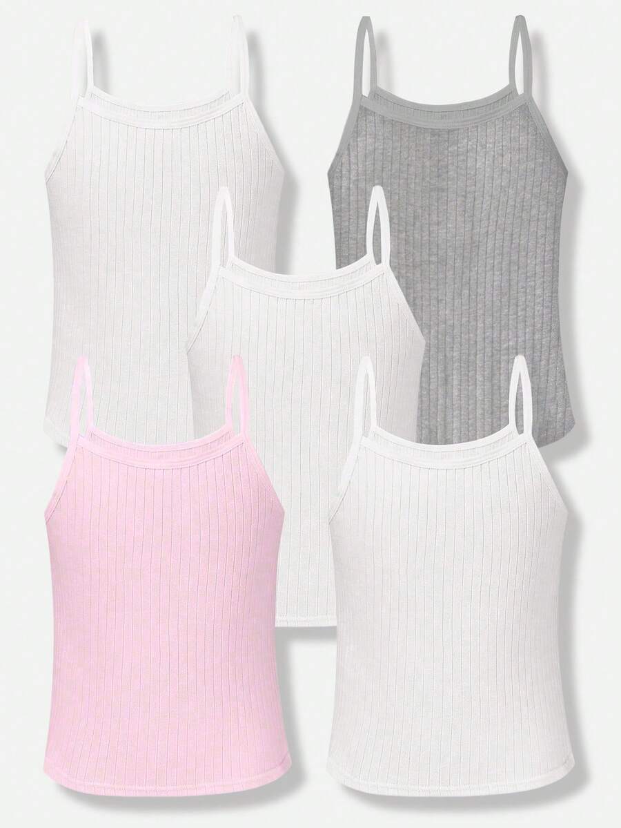 5pcs Girls' Minimalist Solid Color Camisole Underwear Set - Multicolor - View 1