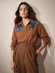 Anewsta 优雅复古领口手工随机亮片、亮片、刺绣花卉女式衬衫，春夏款 - 棕色 - 查看 3