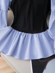 GlowEve 女士蓝色条纹拼接罗纹面料V领收腰不规则荷叶边长袖衬衫，设计精致优雅，适合生日礼物、约会、派对、正式场合、鸡尾酒会、音乐节、情人节、复活节、劳动节、返校季、光棍节、节日装扮、工作、春季衬衫等场合，新款上市，小众设计，百搭，精致长袖拼接衬衫上衣 - 藍色 - 查看 6