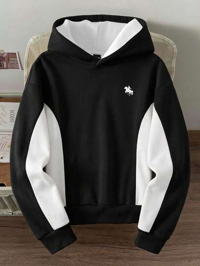 Manfinity Joysei 男士休闲日常通勤时尚街头机车印花撞色连帽衫，春秋季