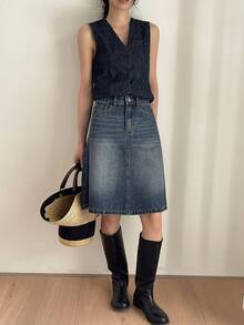 DAZY Women's Regular Mid-Waist A-Line Knee-Length Casual Elegant Denim Skirt - Dark Wash - View 5