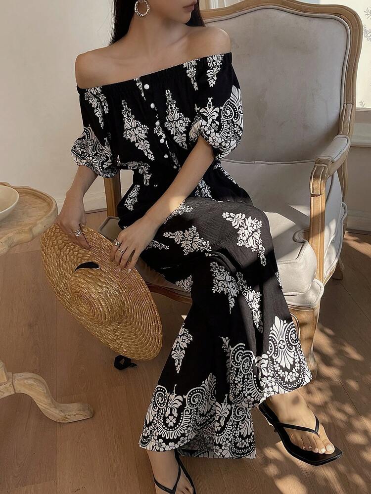 Women's Off-Shoulder Vacation Style Printed Loose Straight Leg Jumpsuit, Casual City Wear Summer Romper