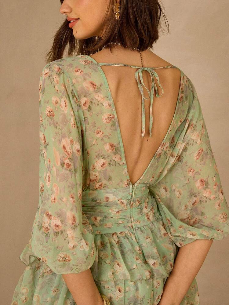 Women Summer Elegant Ditsy Floral Lantern Sleeve Ruffle Hem Mini Dress