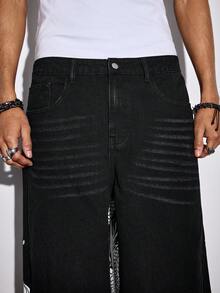 ROMWE MEN Anime Quần short denim nam in hình rồng, kiểu dáng thường ngày, thích hợp cho mùa hè. - màu đen - Xem 5
