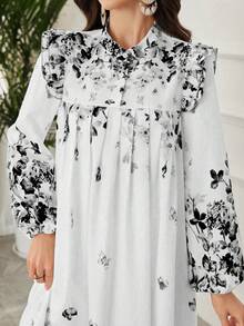 Al Najma 优雅荷叶边褶皱印花灯笼袖宽松连衣裙，配头巾，度假风 - 黑色 - 查看 2