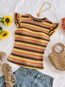 Soleia Summer Vacation Casual Striped Flutter Sleeve Top - Multicolor - View 4