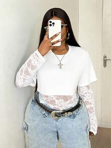 Maweii Plus Size Summer Fashion Solid Color Contrast Lace Long Sleeve Bodysuit - White - View 5