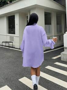 Almamuse 女士宽松褶皱长袖撞色领衬衫 - 紫色 - 查看 2