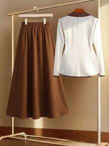 GlowEve CURVE 女士单排扣撞色滚边西装外套及A字裙套装，优雅休闲通勤时尚复古商务度假装，杏色西装外套搭配棕色半裙，秋冬两件套 - 彩色 - 查看 2