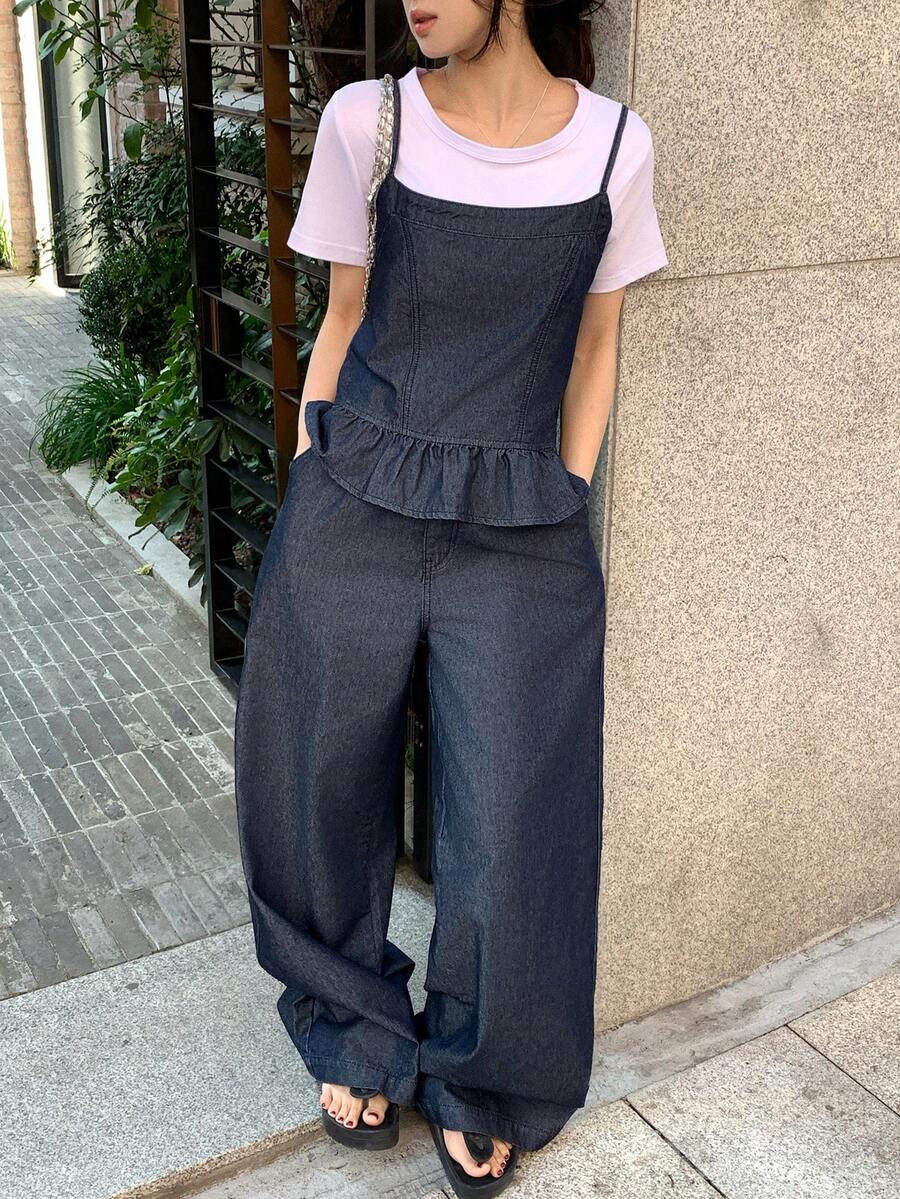 FRIFUL Women's Casual Denim Camisole Top With Ruffle Hem And Denim Pants Set, Summer Spring - Blue - View 1