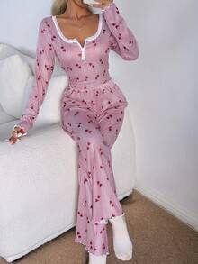 Eraneu 女士针织提花心形印花蕾丝边方领长袖睡衣套装 - 彩色 - 查看 4