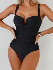 SHEIN Swim 1 bộ áo tắm liền thân thanh lịch dành cho nữ, màu trơn, có gọng nâng ngực, thích hợp cho bãi biển, hồ bơi, tiệc tùng, kỳ nghỉ, mùa xuân/hè. - màu đen - Xem 5