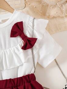 Conjunto de top de punto acanalado con volantes y falda-pantalón corta con abertura y lazo con perlas para niñas - Burdeos - Ver 5