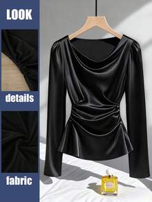 GlowEve CURVE Plus Size Solid Color Elegant Waist Cinched Long Sleeve Casual Blouse Draped Top Lokal-Valentinsverkauf Tops For Women Elegant Long Sleeve Black Top Satin Blouses For Women Satin Cowl Neck Top God - Black - View 3