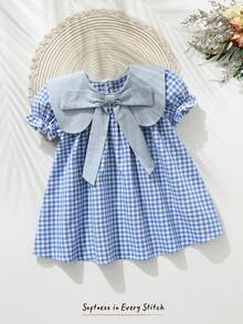 SHEIN 女童编织纹理蝴蝶结泡泡袖连衣裙 - 淺藍色 - 查看 3