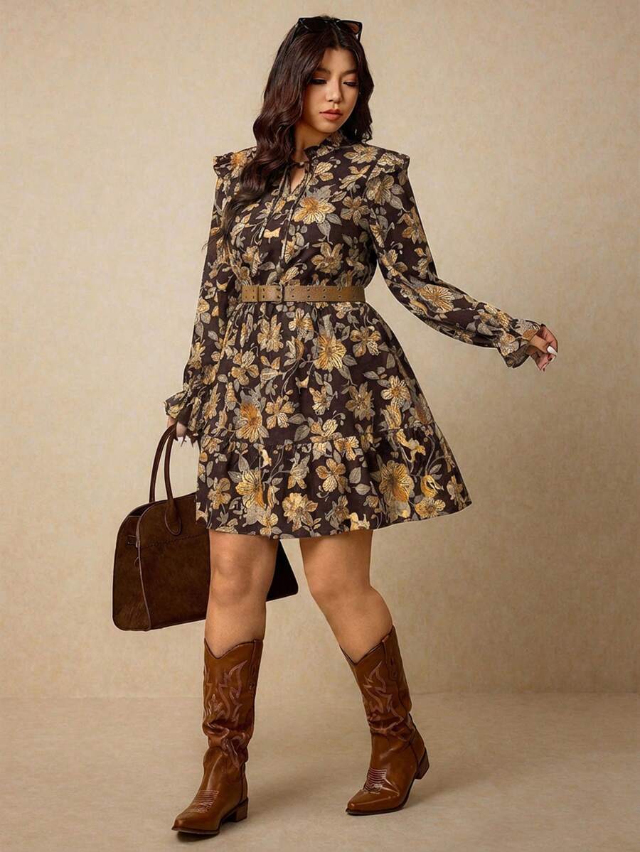 Elaquor 大码女式V领印花复古收腰长袖连衣裙，适合约会和派对穿着 - 棕色 - 查看 1