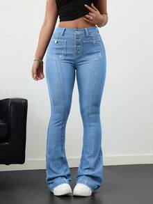 SHEIN Tall CURVE 大码女式复古蓝色牛仔喇叭裤 情人节狂欢节时尚喇叭裤 - 淺色水洗藍 - 查看 3